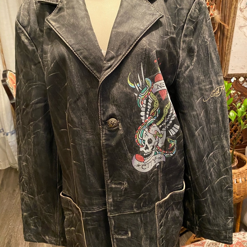 Rare Ed Hardy soft distressed leather blazer sz XL